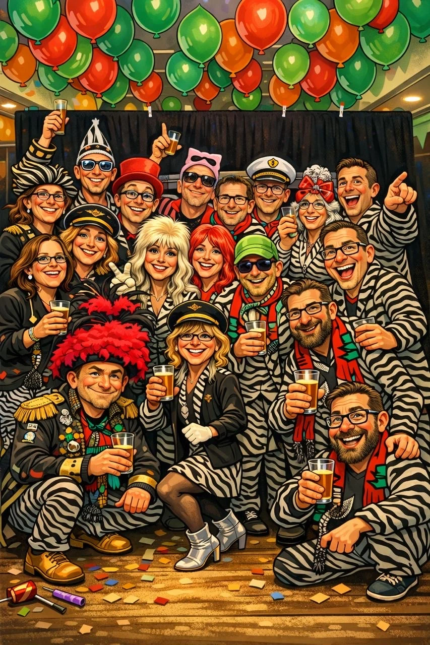 Feestelijke illustratie van de PPEM-kudde in zebrapakken, met hoeden, sjaals en confetti
